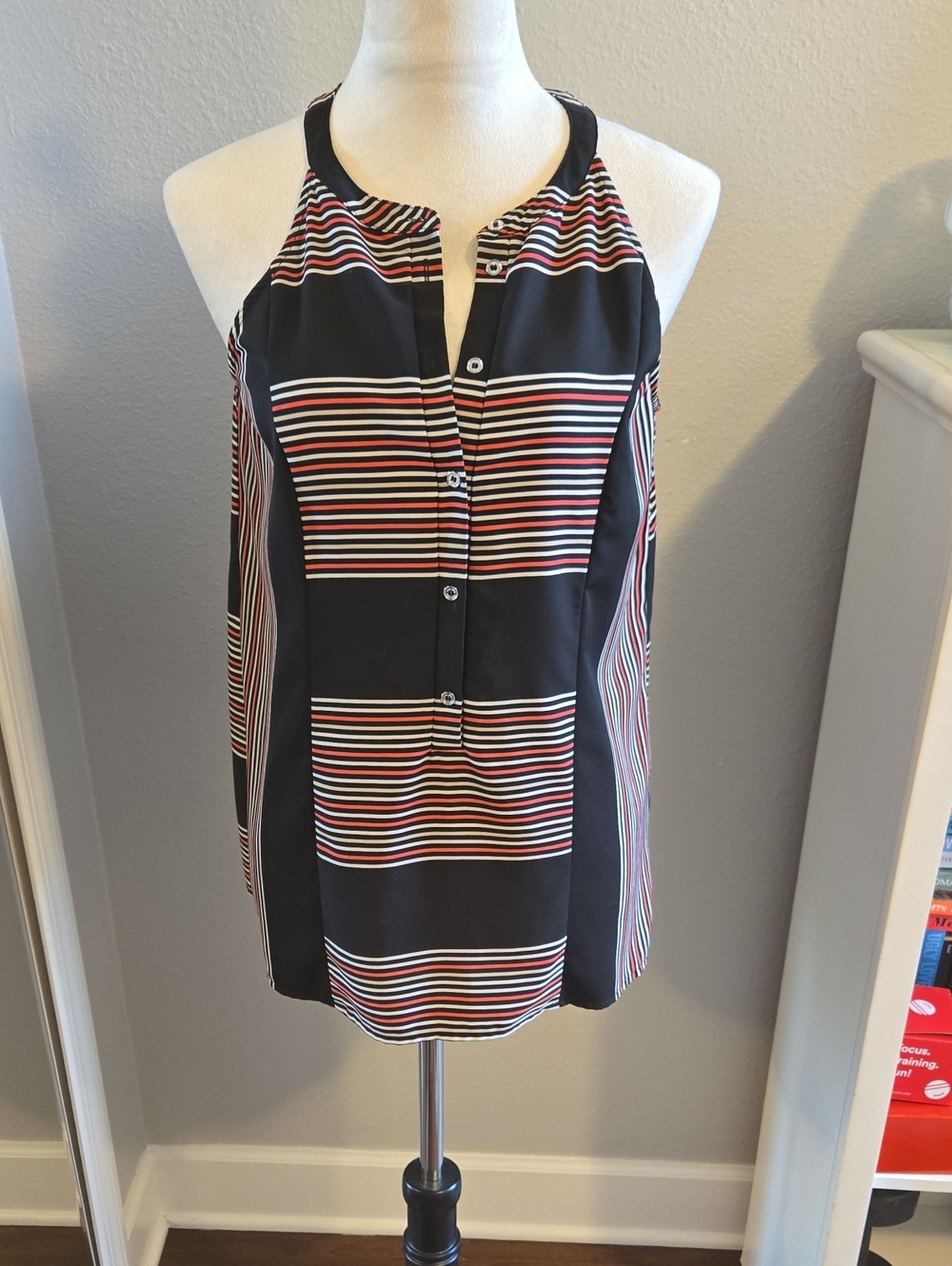 Calvin Klein Black Halter Top With Red & White And Tan Stripes